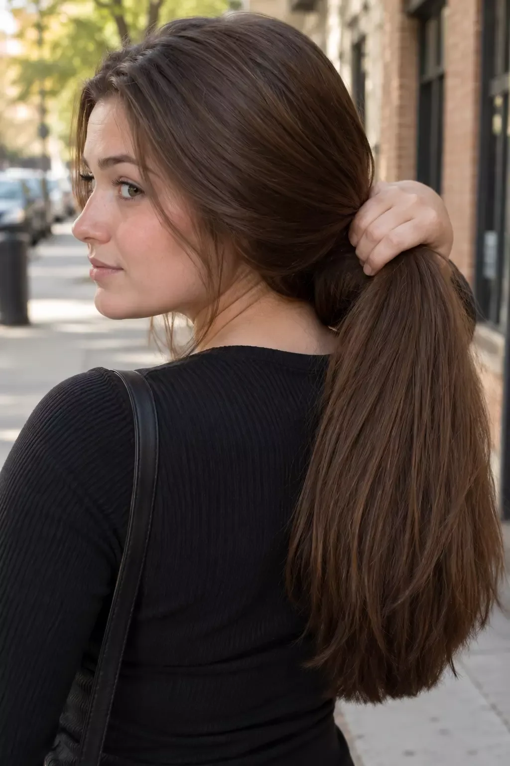 Woman on a city street lifting a heavy handful of thick brown straight hair at the nape