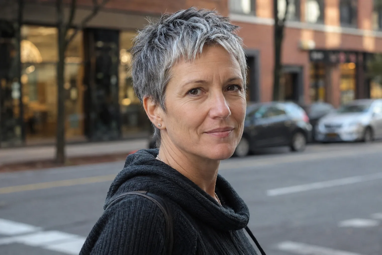 Woman on a city street with a short textured salt and pepper pixie cut, silver at the front and darker hair at the nape
