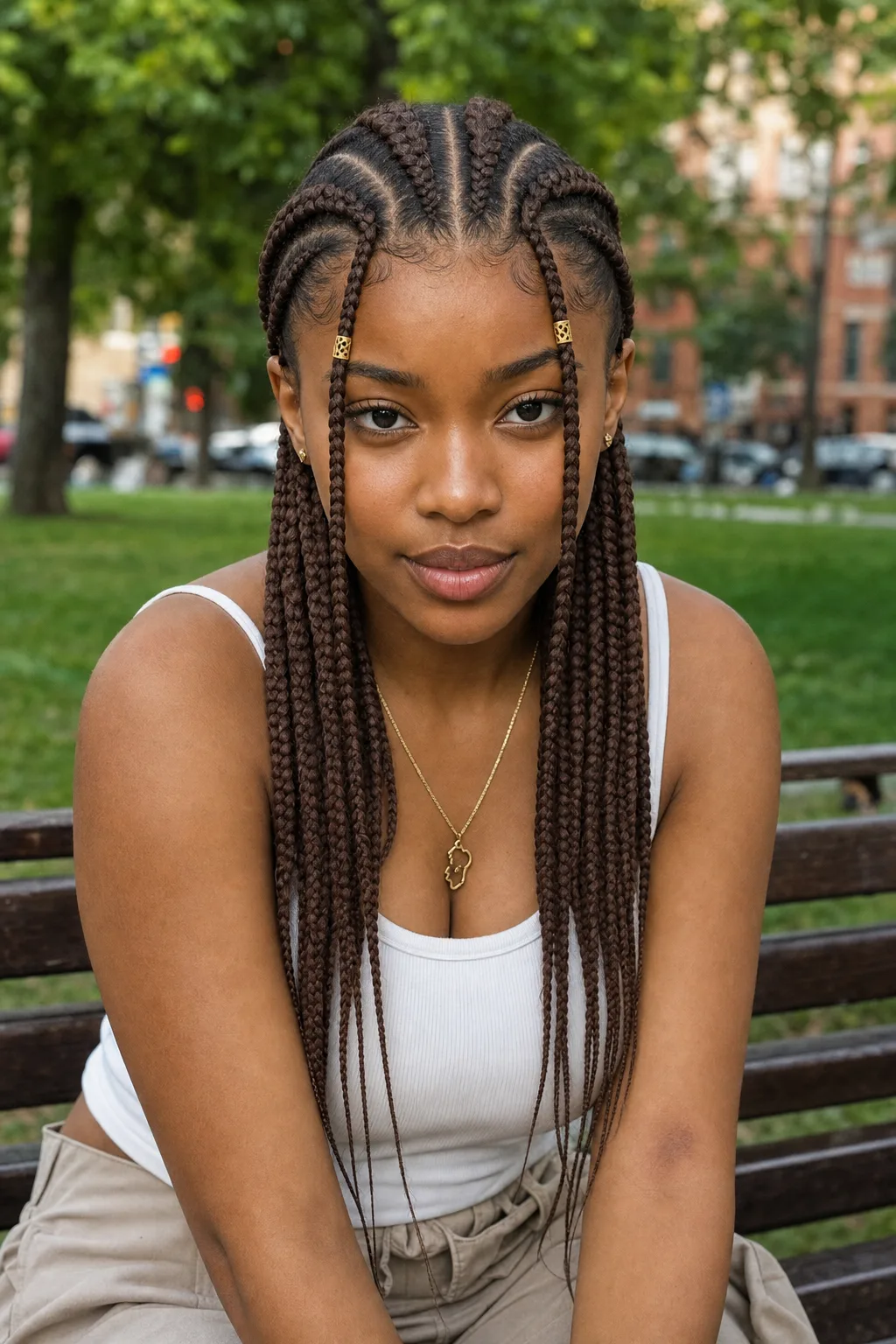 Woman on a park bench with chestnut Fulani braids, cornrows on top and gold cuffs on the front braids