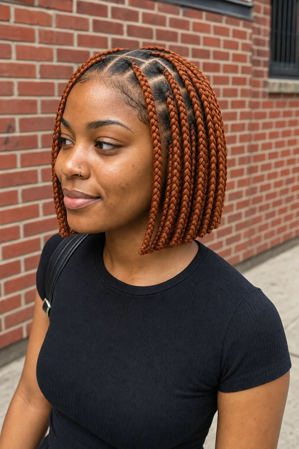 Woman on a sidewalk with a copper braided bob ending level along the jaw