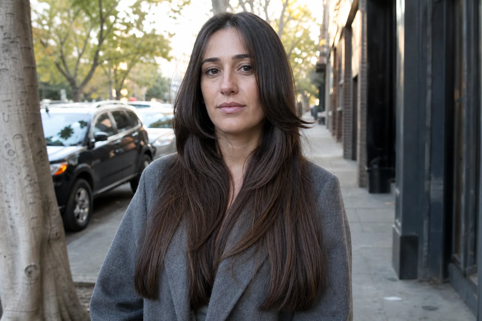 Woman on a tree-lined city sidewalk with long dark brown hair in face-framing layers, the shorter jaw-length front pieces sweeping away from her cheeks over the longer length below