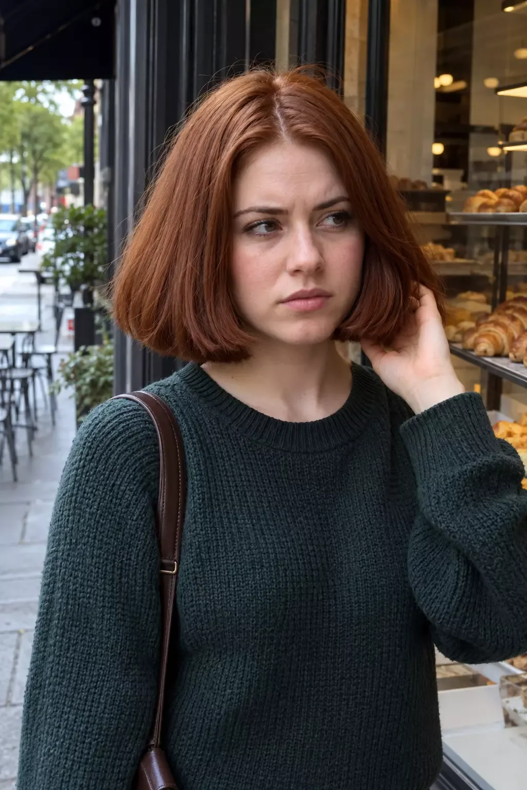 Woman outside a bakery with thick auburn hair in a heavy one-length chin bob, touching the side