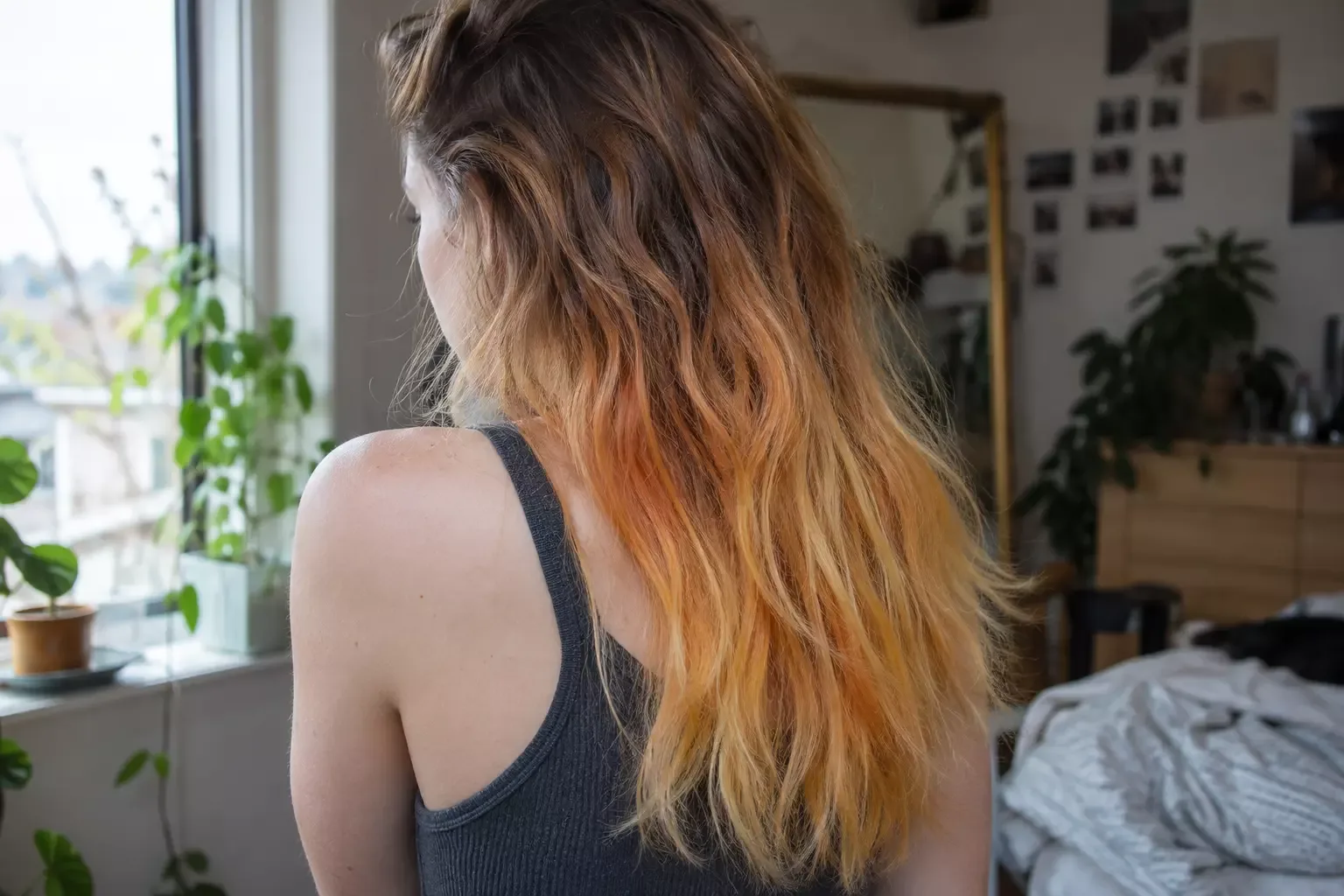 A woman seen from behind by a window, long hair with orange-yellow, uneven brassy ends