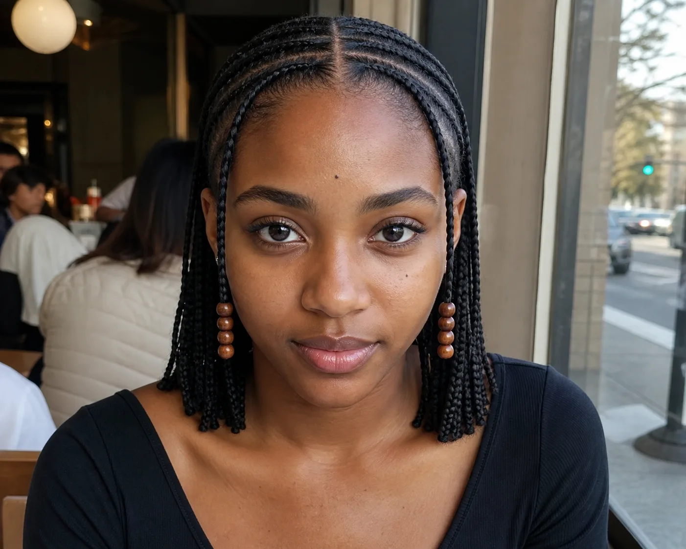 Woman wearing shoulder-length black Fulani braids with a center part and wooden-beaded side braids
