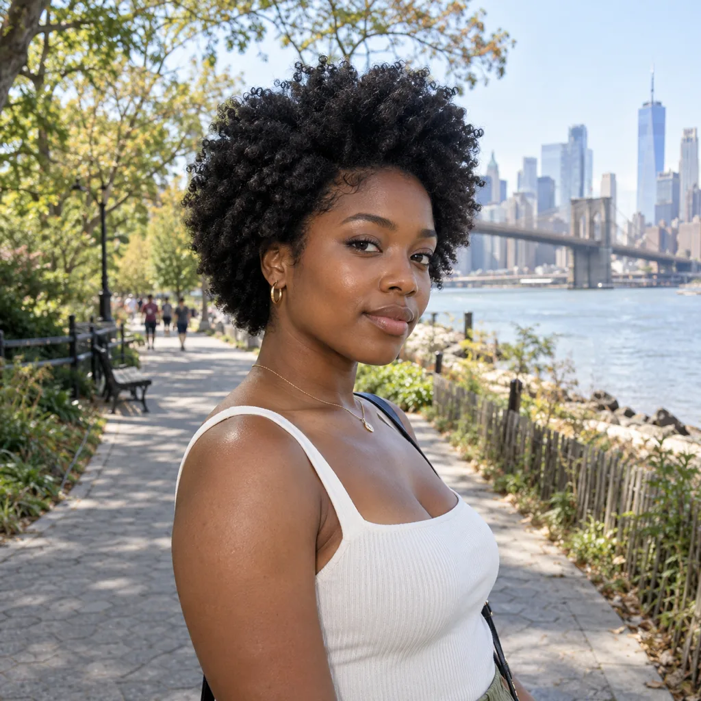 Woman with a black coily afro beside a river with a bridge and city skyline behind her