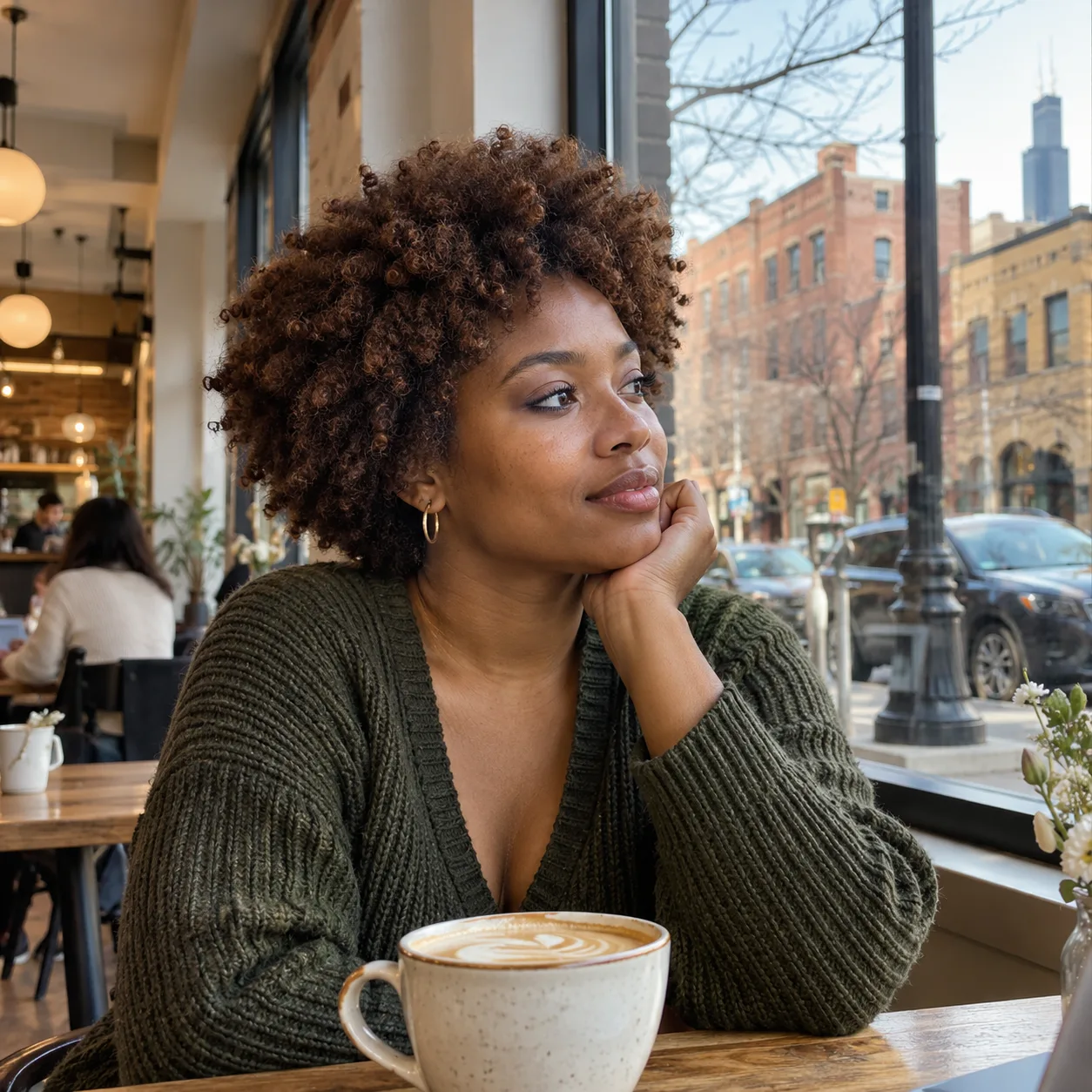 Woman with a chestnut coily afro sitting beside a cafe window with a cup of coffee