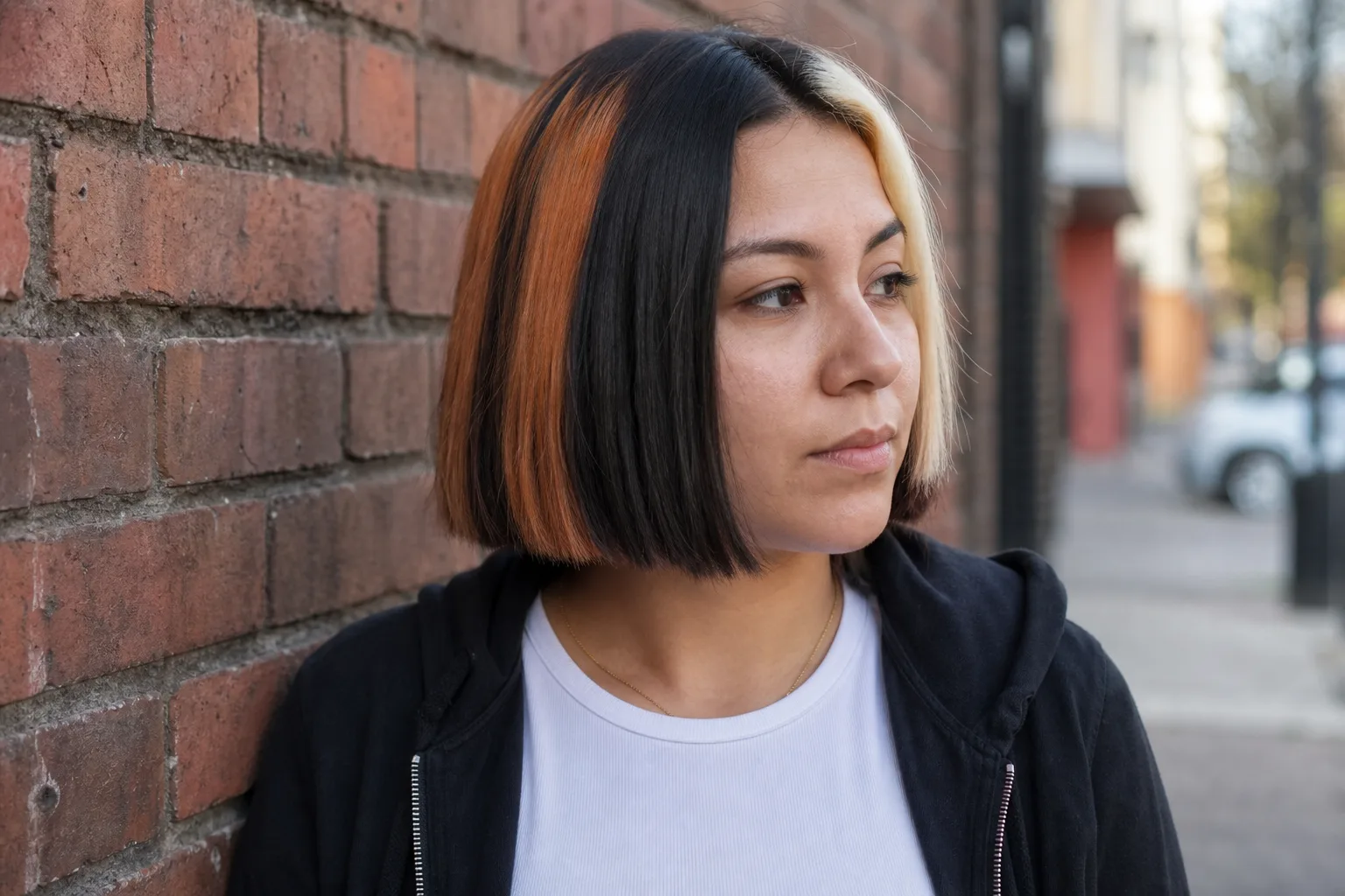 Woman with a chin length blunt black bob against a brick wall, one copper front panel and a narrower platinum wedge on the other side