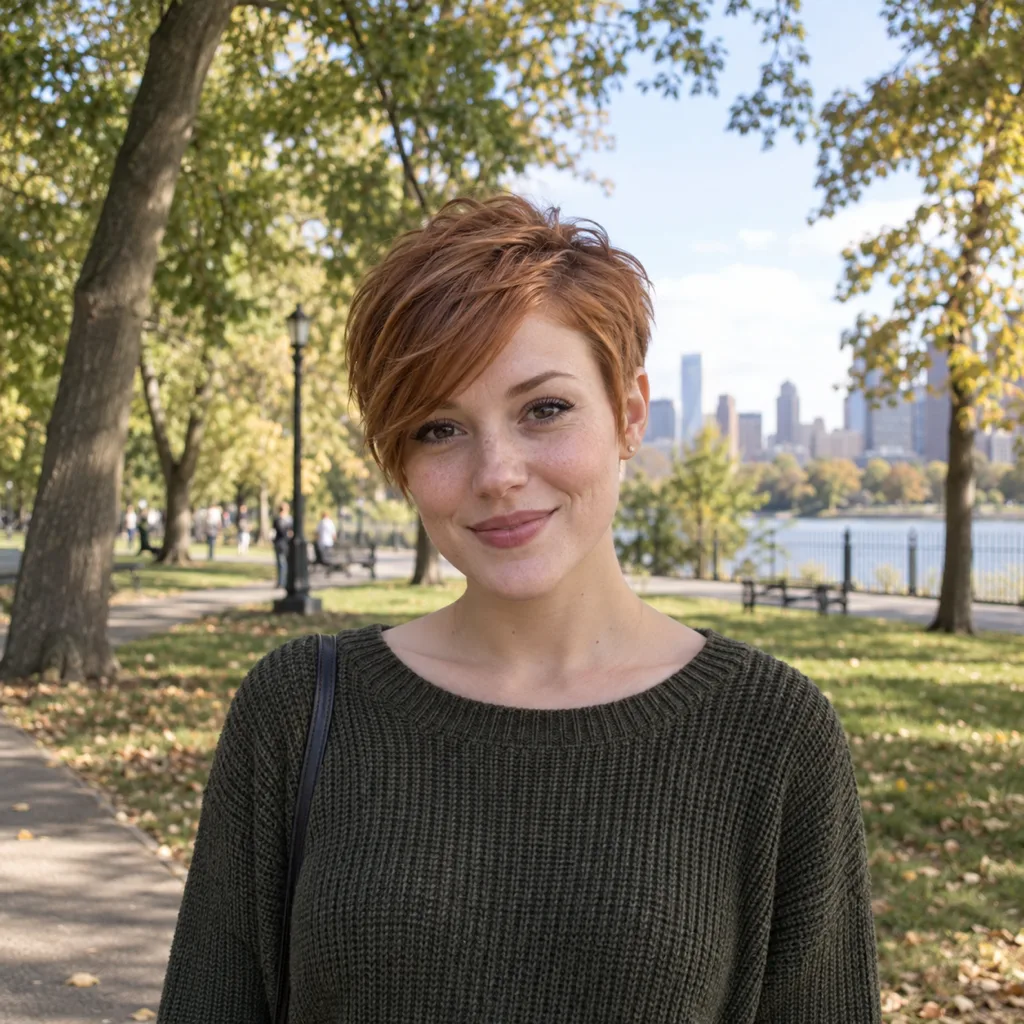 Woman with a ginger pixie cut and a side-swept bang reaching her eyebrow, in a city park