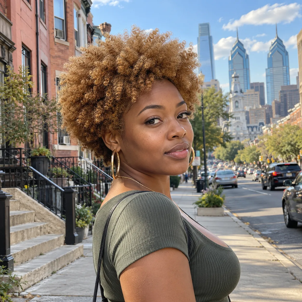 Woman with a honey blonde coily afro and gold hoop earrings on a sunny city street