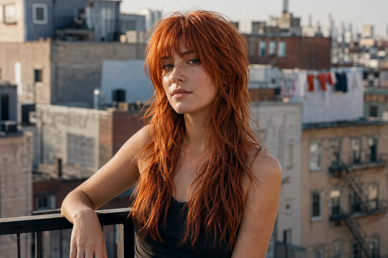 Woman with a long copper shag haircut and a full brow-length fringe, choppy layers falling past the chest, on a city rooftop