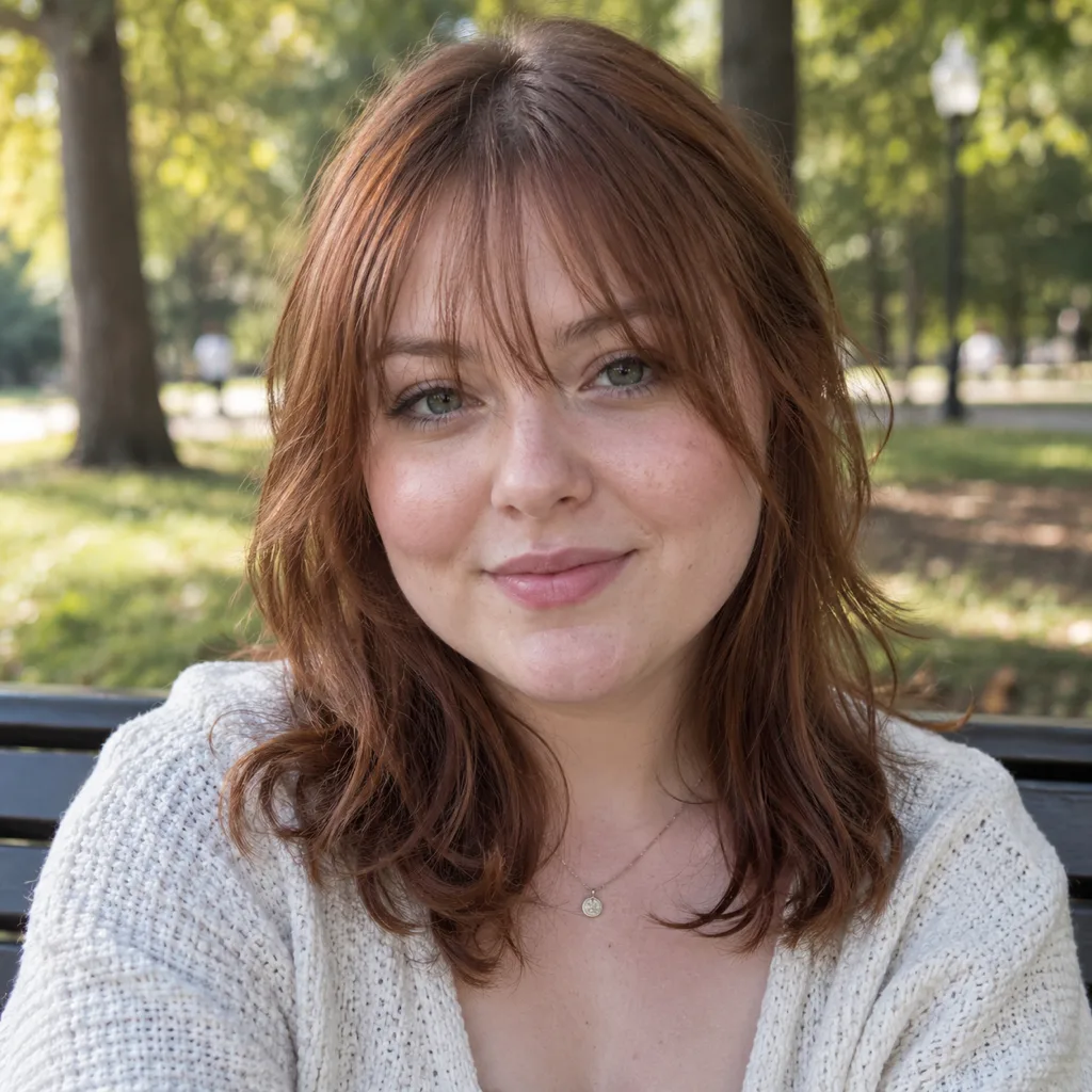 Woman with a round face and auburn shoulder-length layered hair on a park bench, wispy bangs with longer pieces falling past her cheekbones