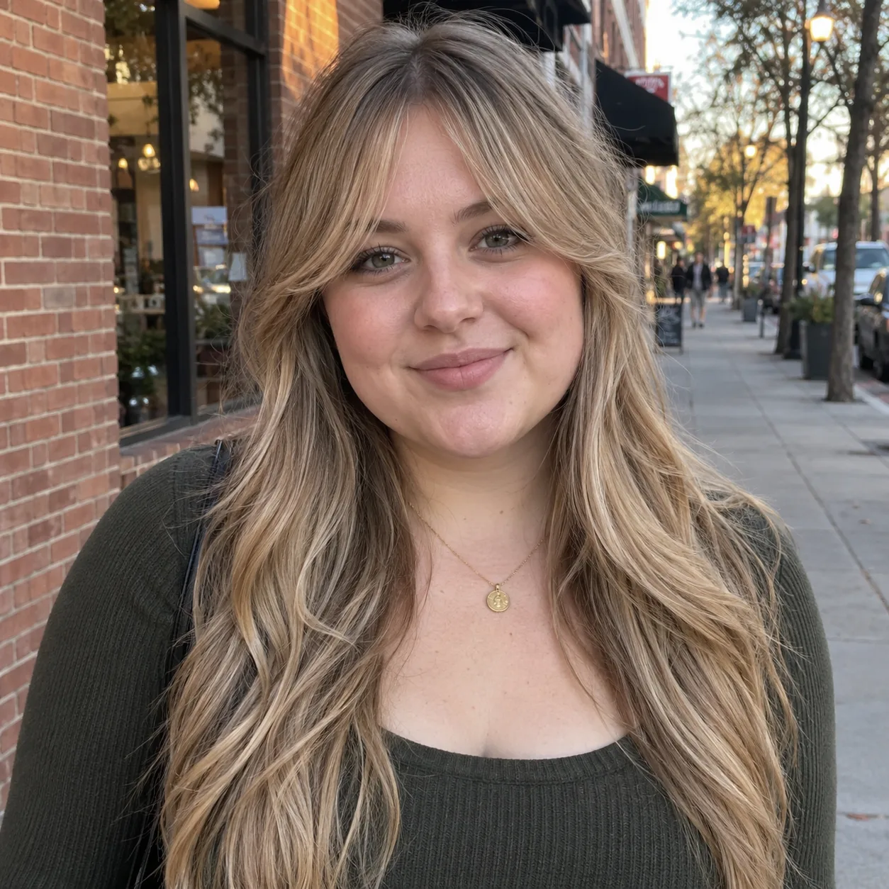 Woman with a round face and long dirty blonde hair on a brick sidewalk, curtain bangs parted in the center and angled past her cheekbones