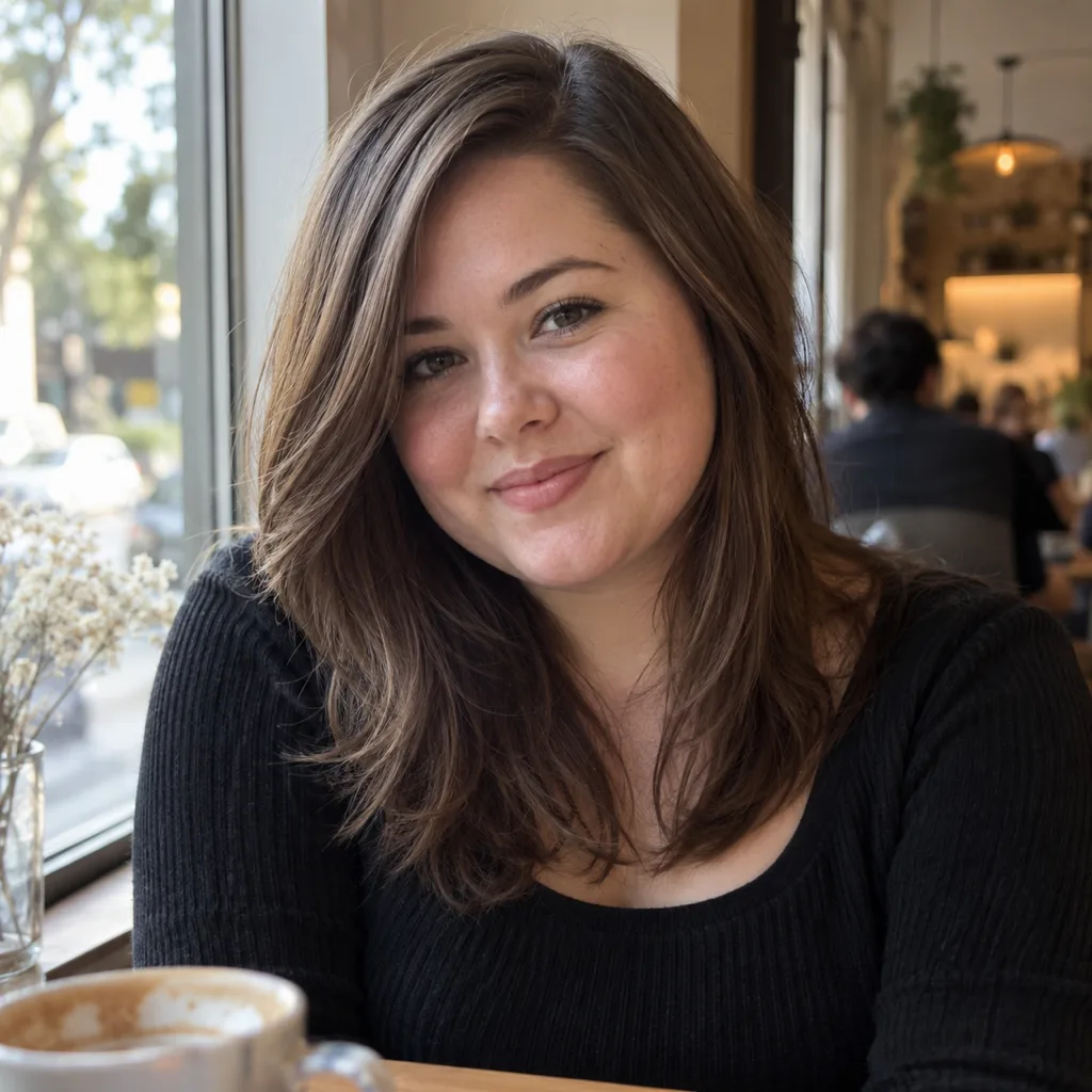 Woman with a round face and mid brown layered hair in a deep side part at a cafe window