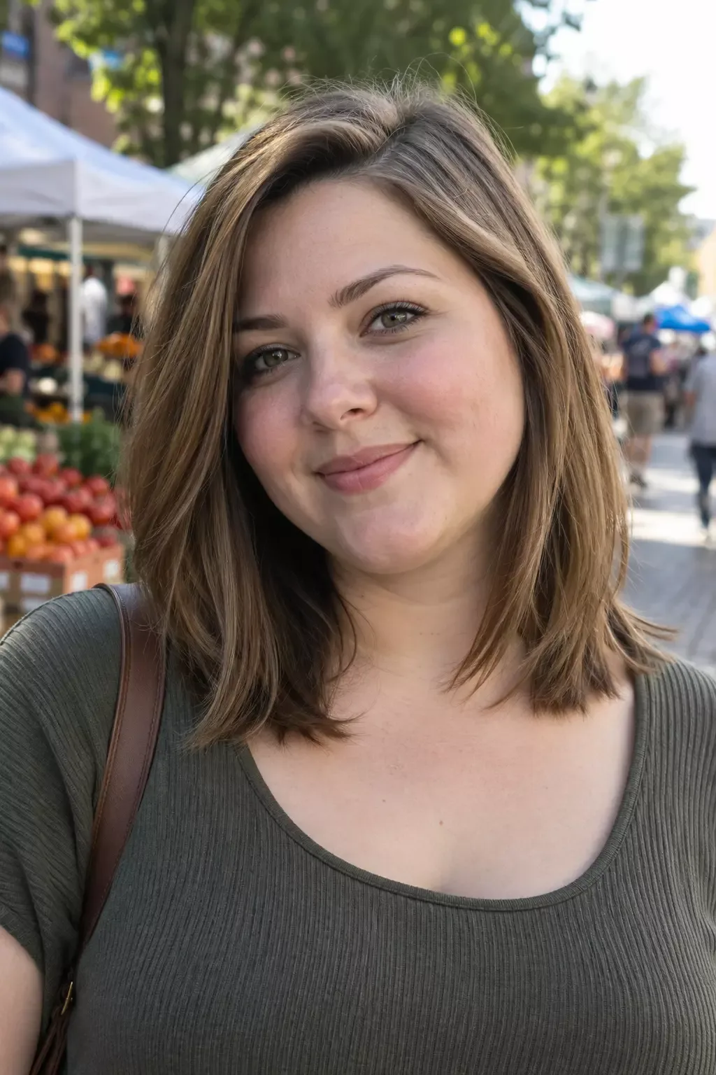 Woman with a round face at a farmers market, light brown shoulder length hair with a deep side part falling past the cheeks