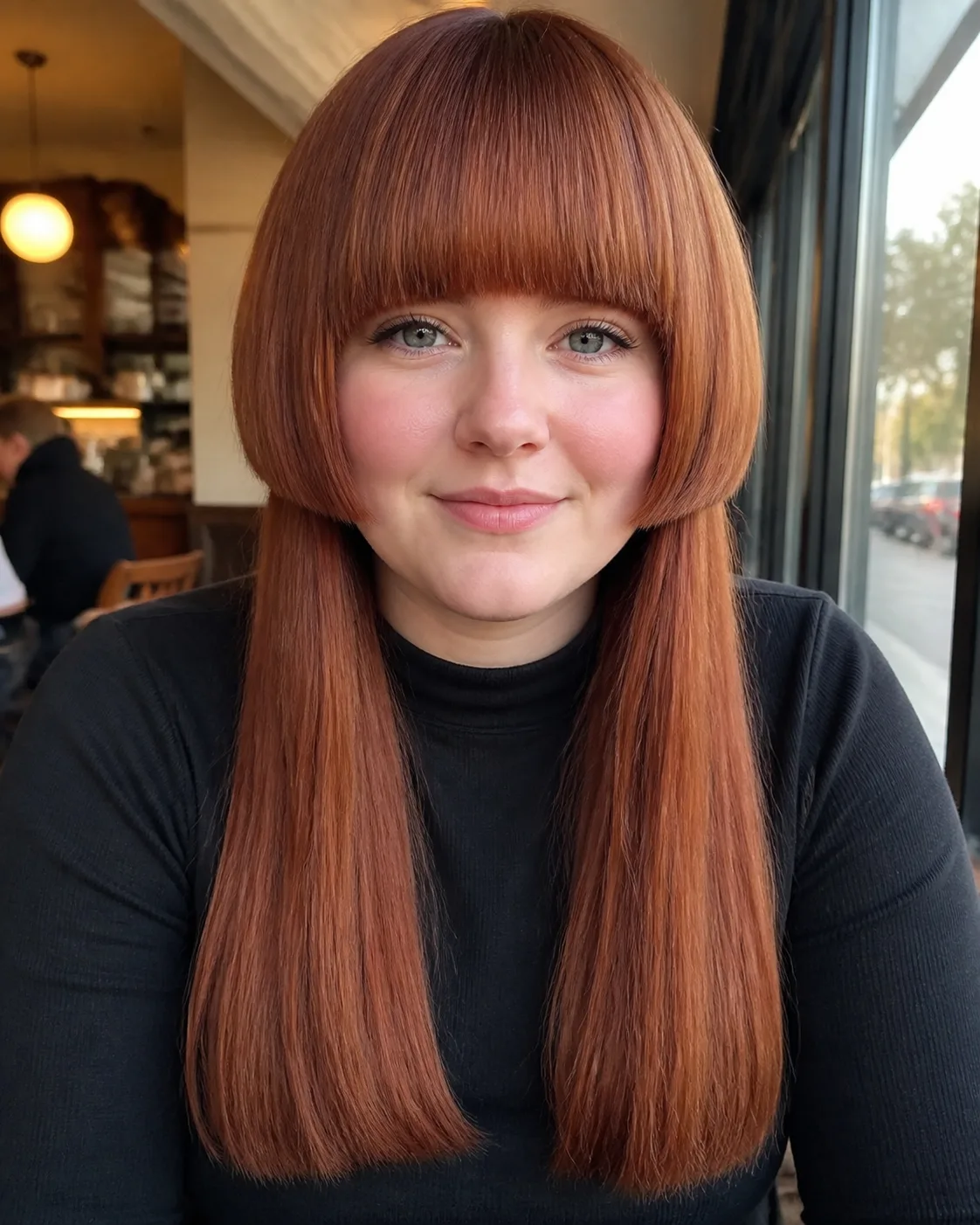 Woman with a round face seated at a cafe window, her auburn hair cut into a chin length bowl shaped cap sitting over long straight lengths
