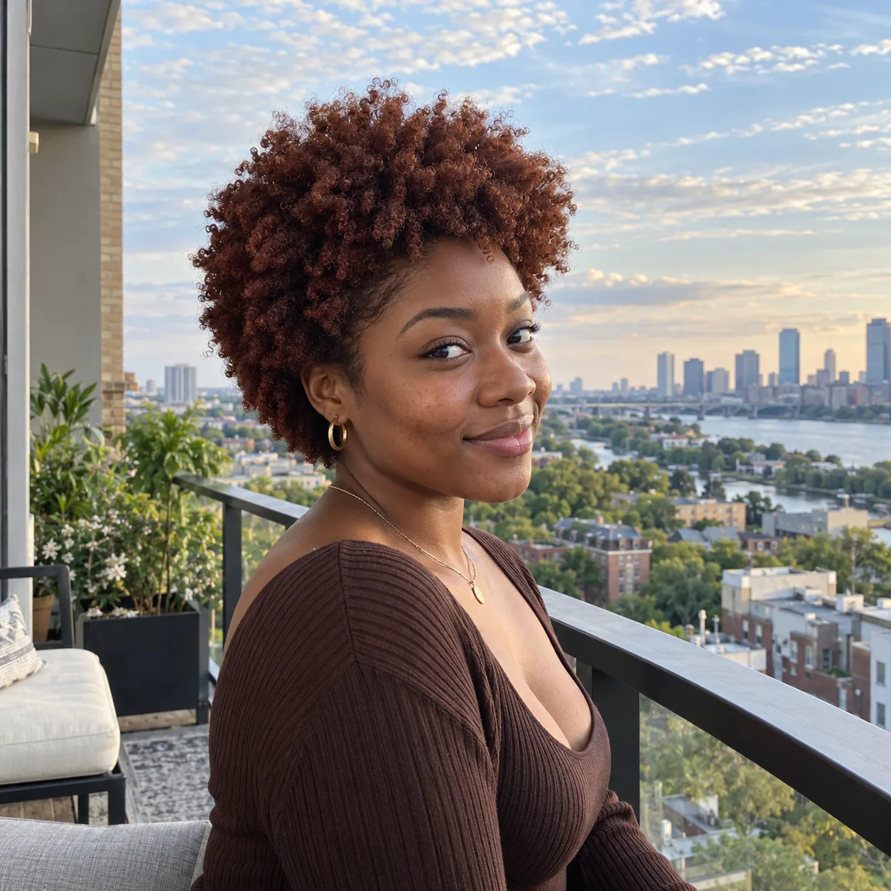 Woman with a rounded auburn coily afro standing on a balcony above a city