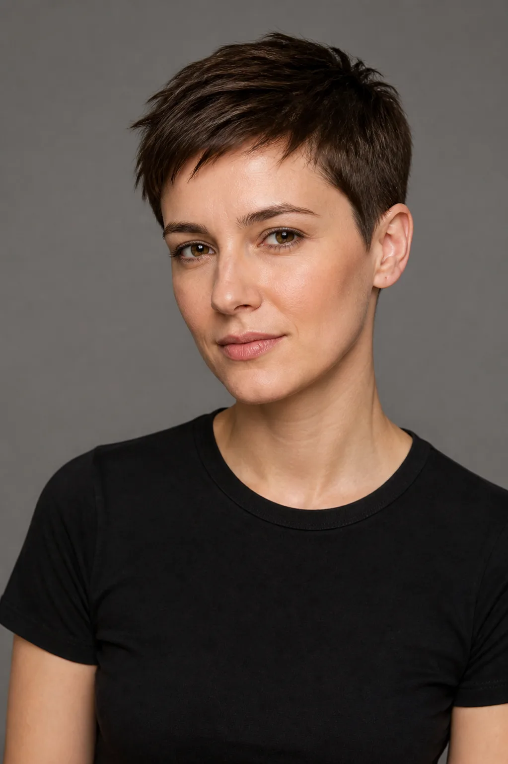 Woman with a short dark brown pixie crop styled flat and piecey against a gray studio background