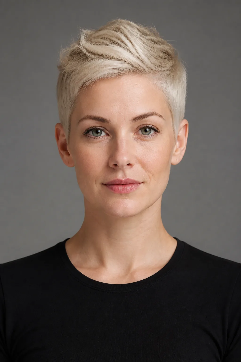 Woman with a short platinum pixie crop styled into a small swept-up quiff