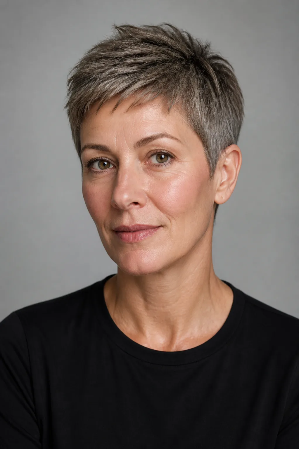 Woman with a short salt and pepper pixie crop styled in matte piecey layers