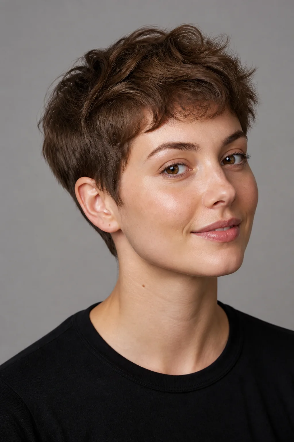 Woman with a short warm brown pixie crop and soft waves across the top against a gray studio background