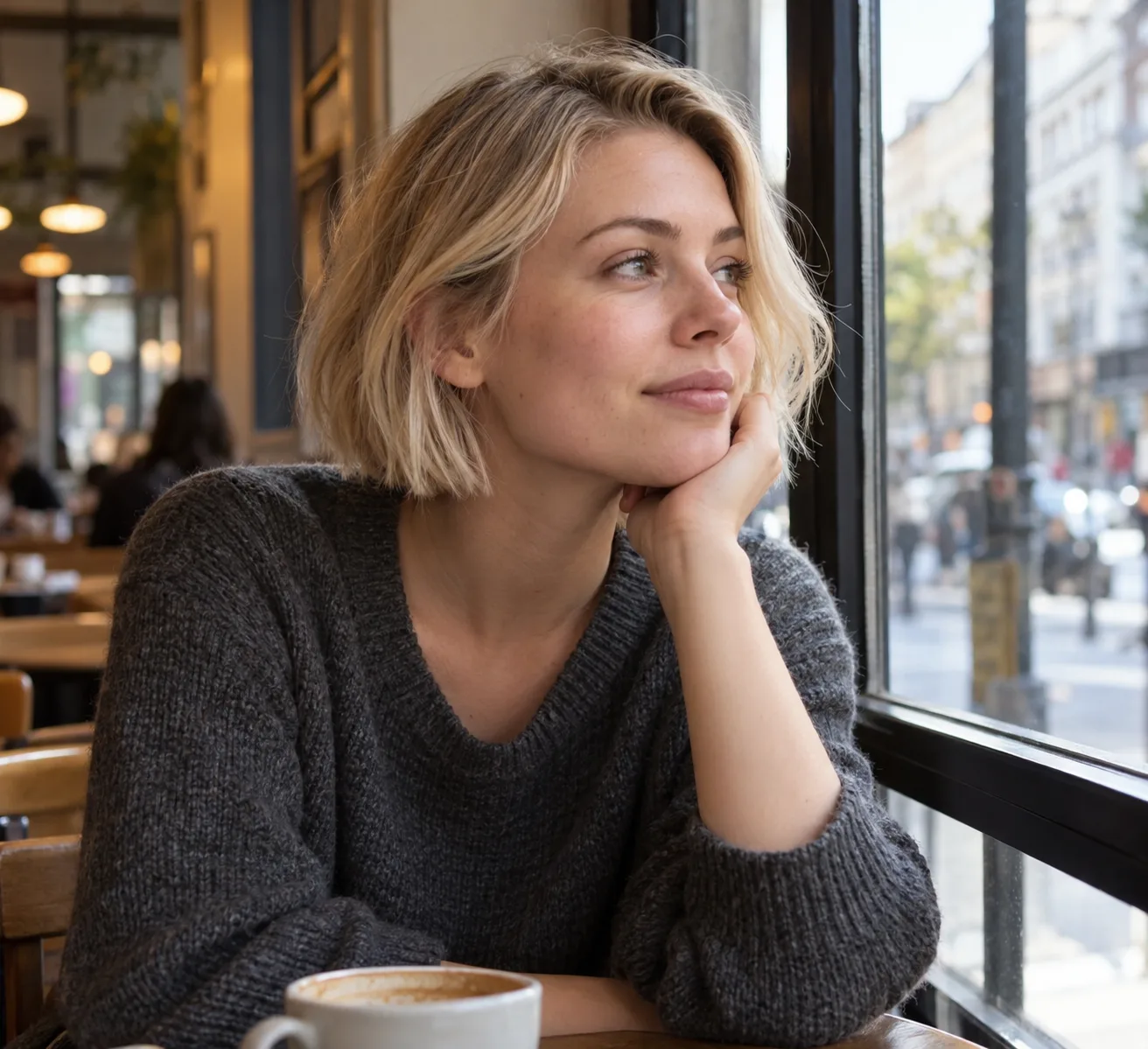 Woman with a tousled blonde chin-length bob sitting by a cafe window