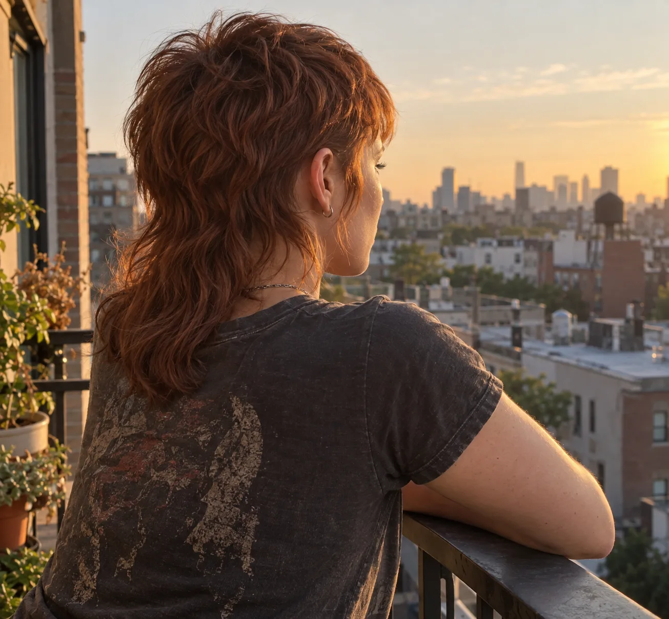 Woman with an auburn mullet seen from behind on a balcony at sunset, the back falling past her collar