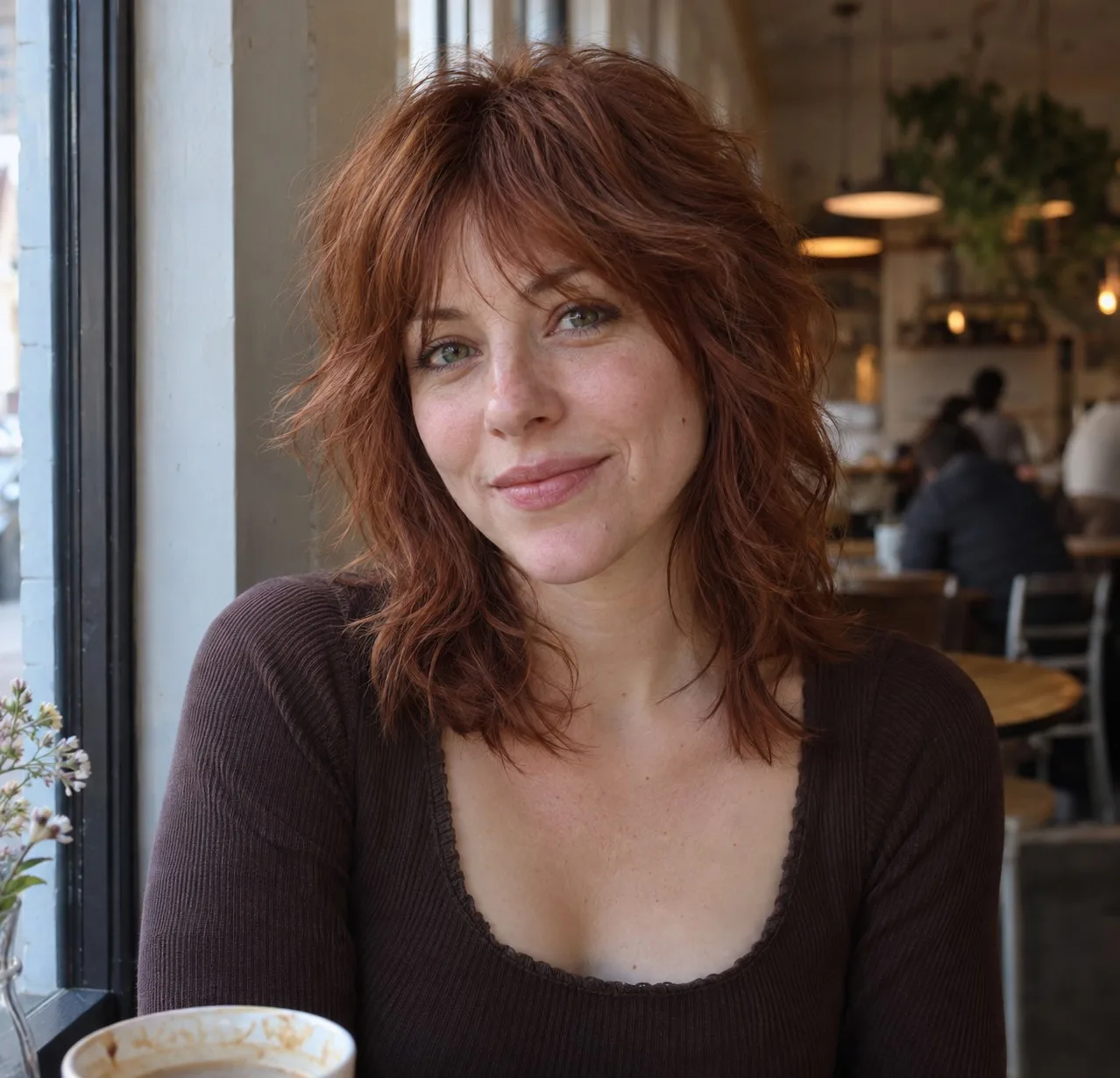Woman with an auburn shoulder-length shag and wispy bangs sitting by a cafe window