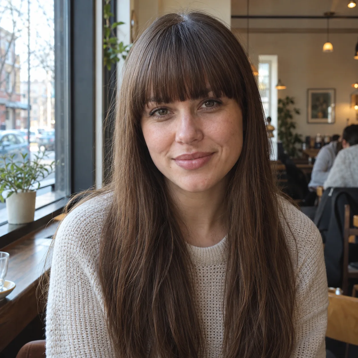 Woman with an oval face and long straight mid brown hair at a cafe window, heavy blunt bangs at her eyebrows