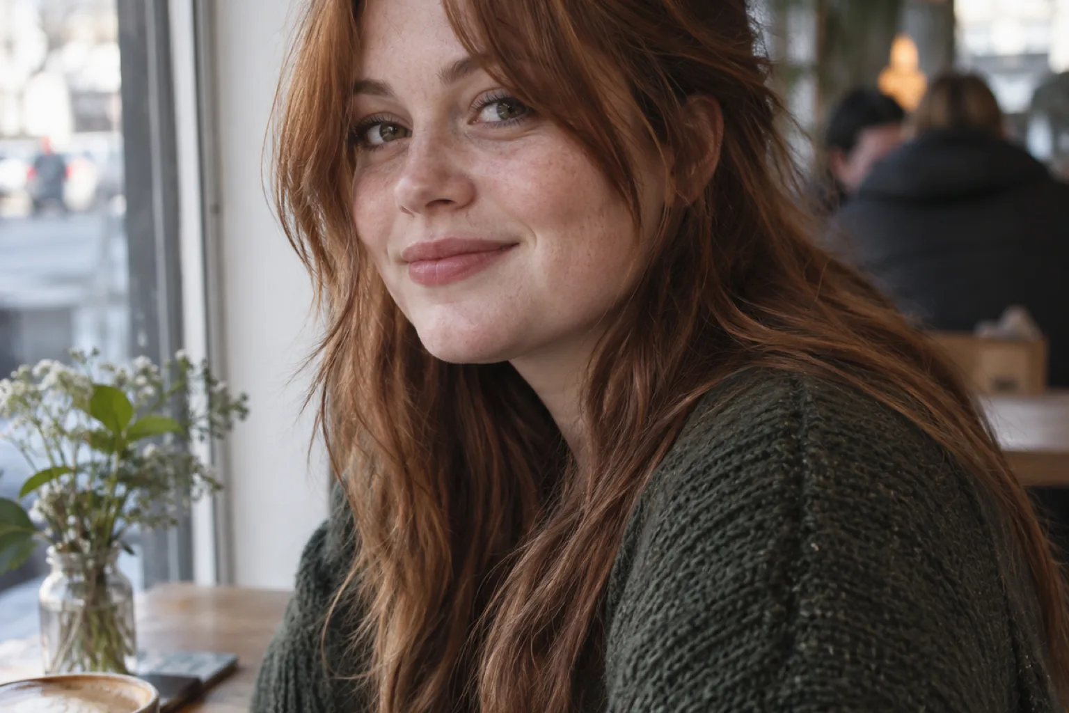 Woman with auburn hair and a round face at a cafe window, her messy curtain bangs parted off center and sweeping past her cheekbones