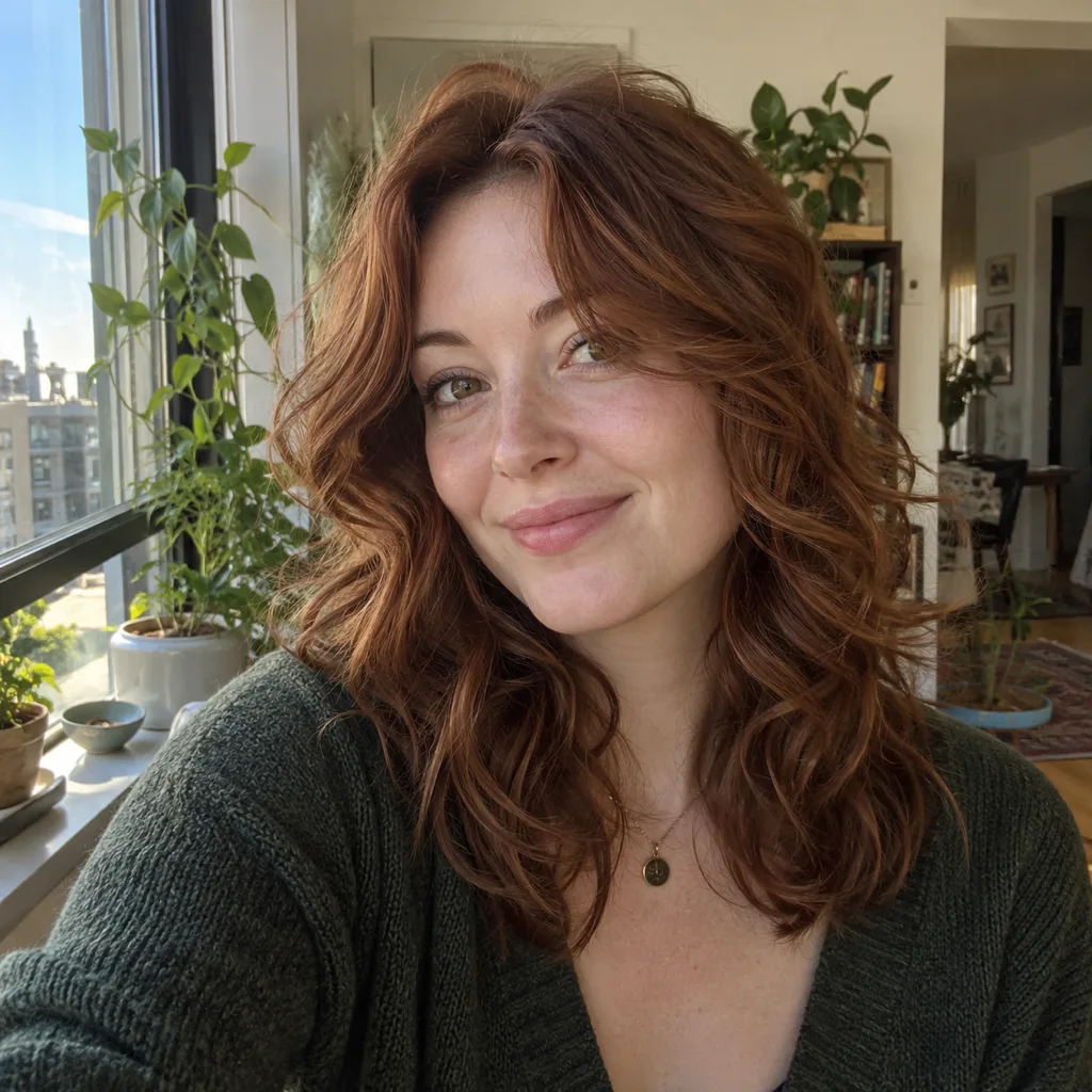 Woman with auburn wavy layered hair beside a sunlit window