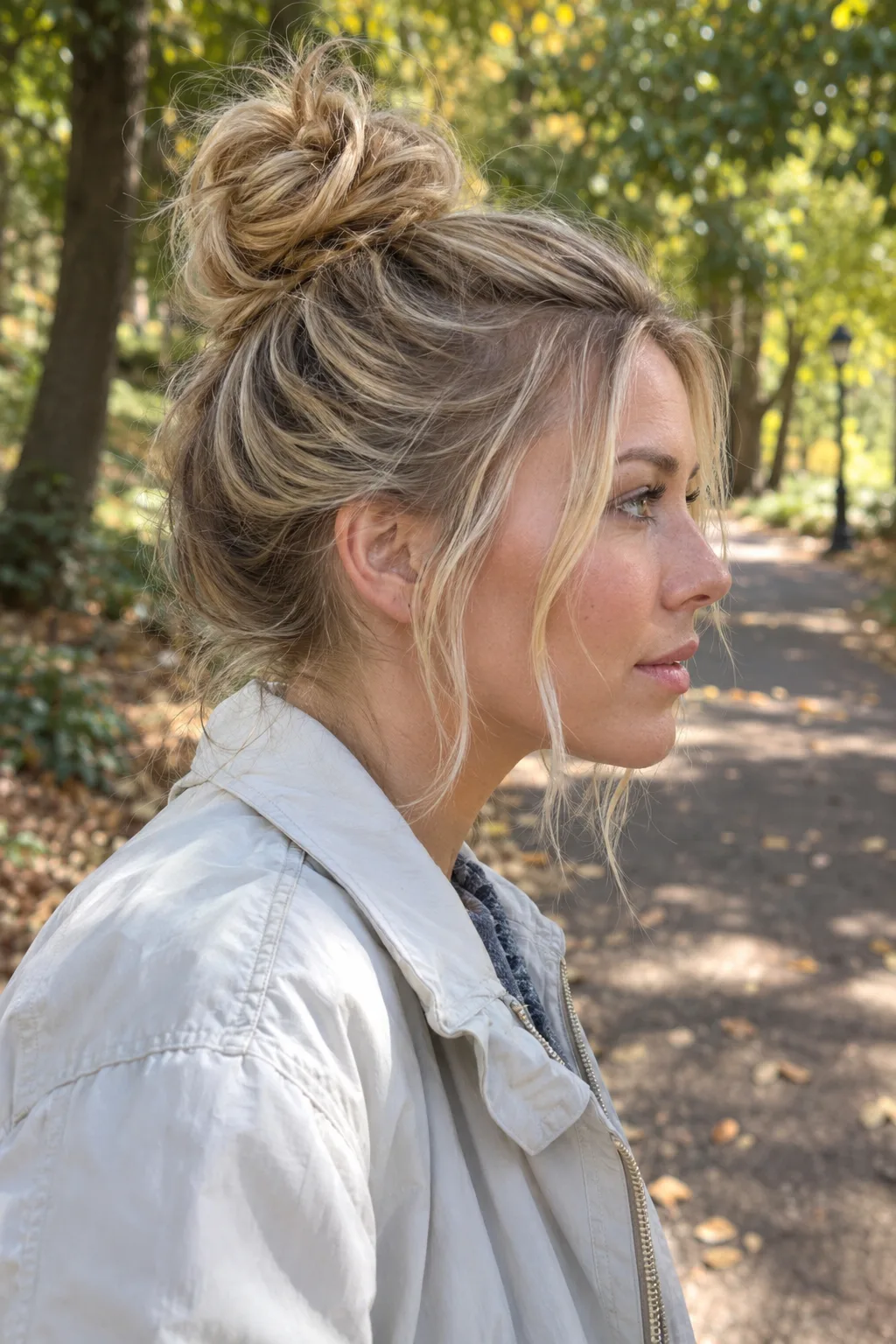 Woman with blonde hair in a high messy bun on top of her crown, side profile on a park path