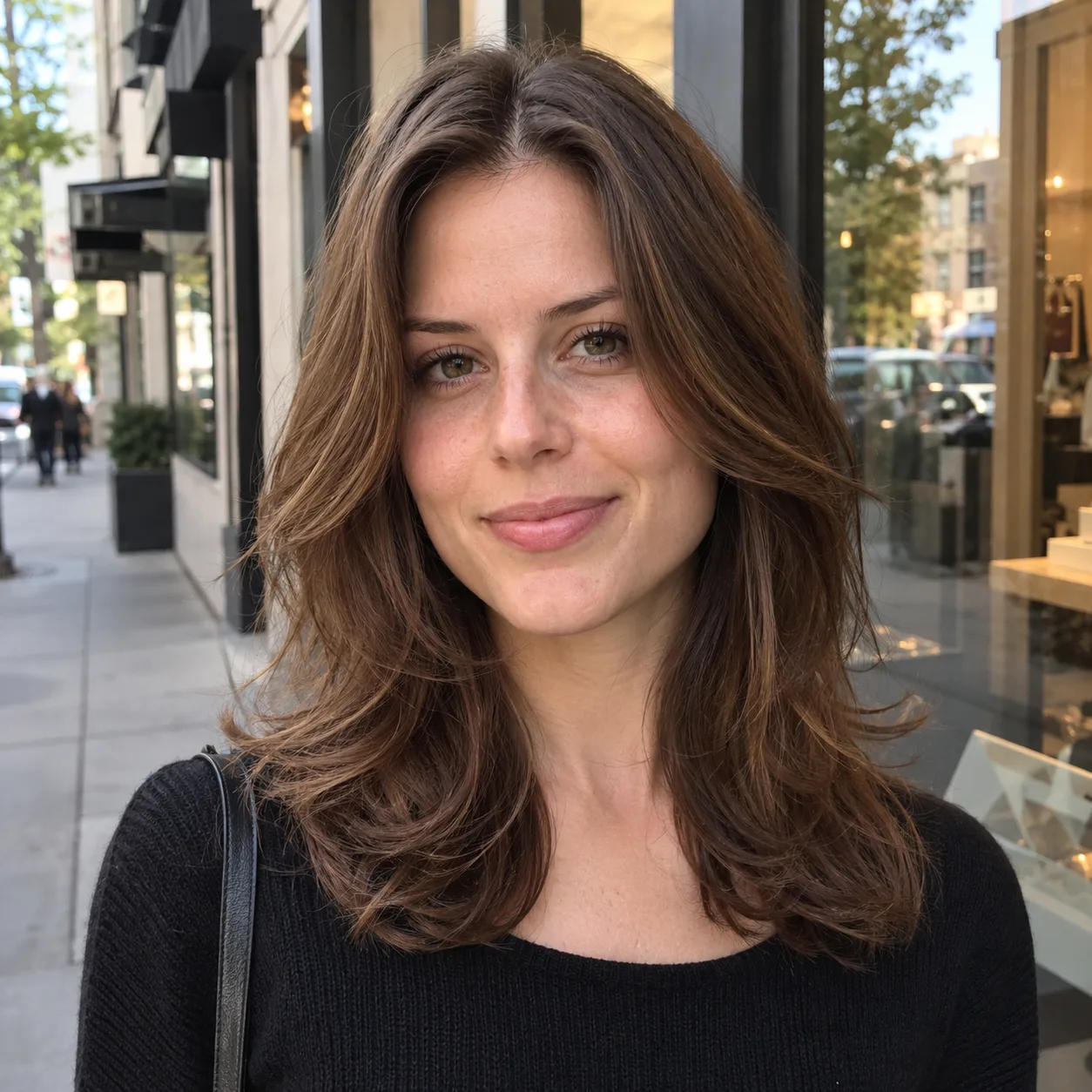 Woman with chestnut brown hair and face-framing layers on a city sidewalk