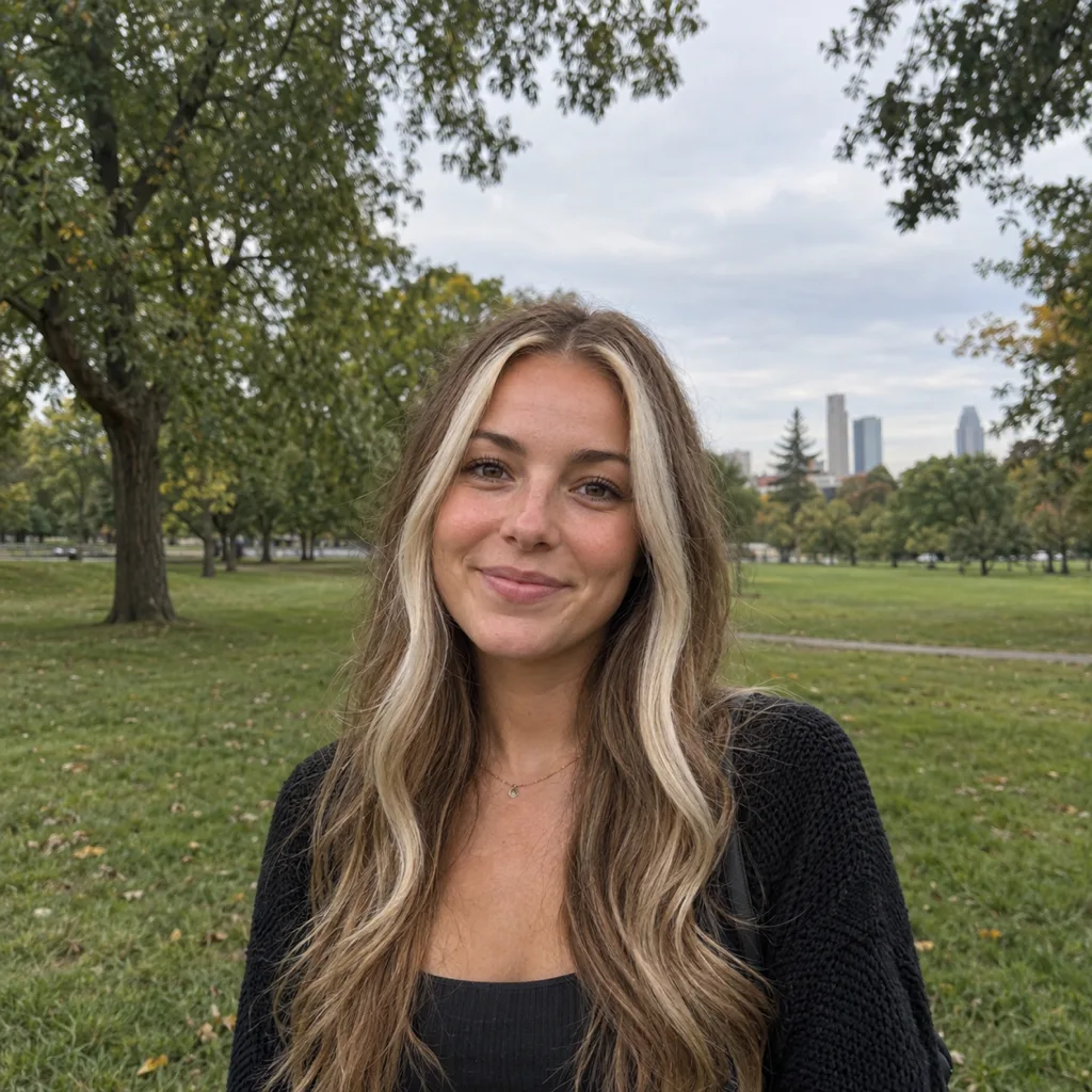Woman with dark golden blonde hair and two bright platinum face-framing streaks in a city park