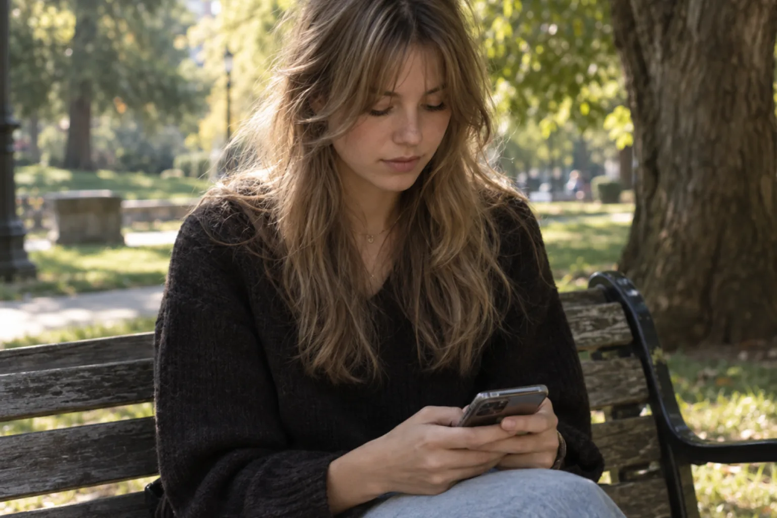 Woman with dirty blonde hair on a park bench, her grown out bangs reaching her cheekbones and blending into face framing layers