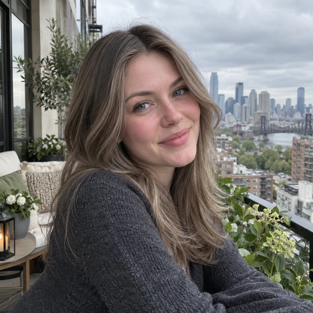 Woman with fair pink-toned skin and ash light brown hair on a city apartment balcony