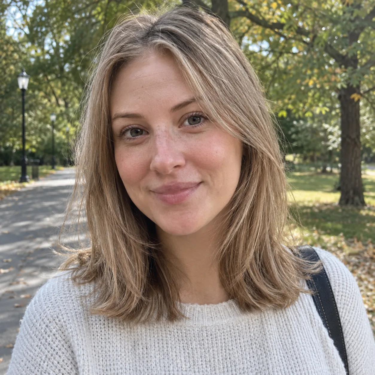 Woman with fine dirty blonde hair cut with a few long layers in a park