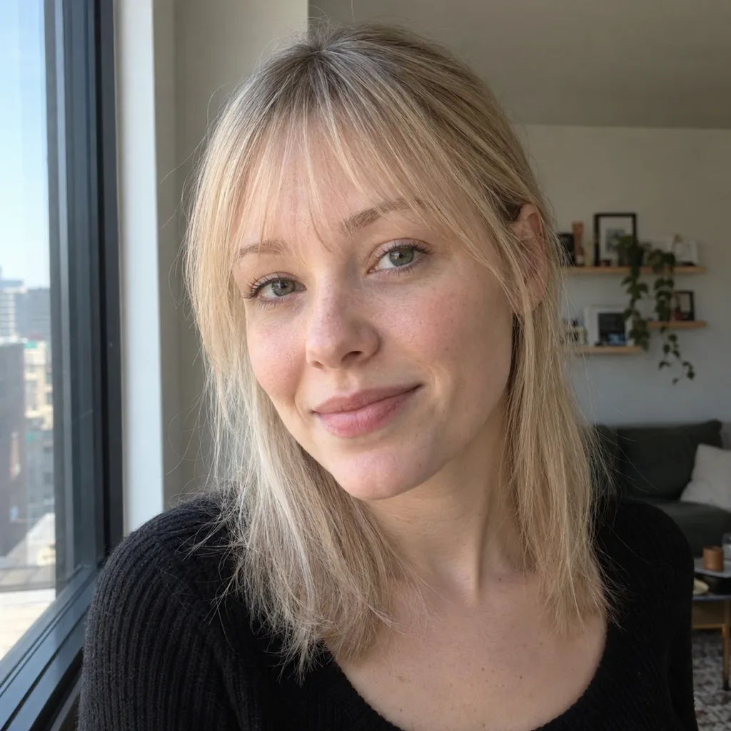 Woman with fine straight light blonde hair by an apartment window, airy wispy bangs over her brows with forehead showing through