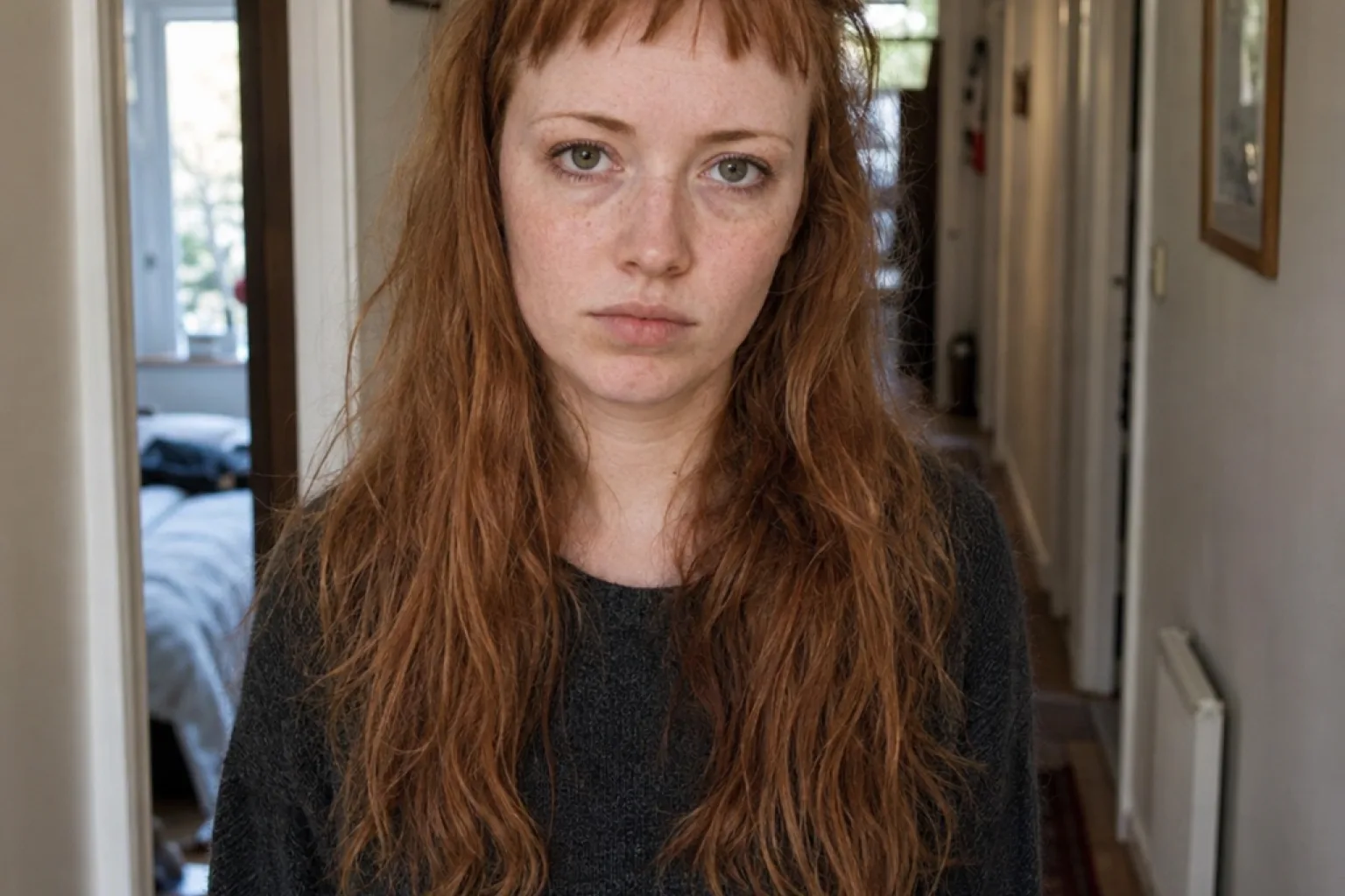 Woman with ginger hair in a hallway with bangs cut far too short, sitting high above her eyebrows in a hacked uneven line
