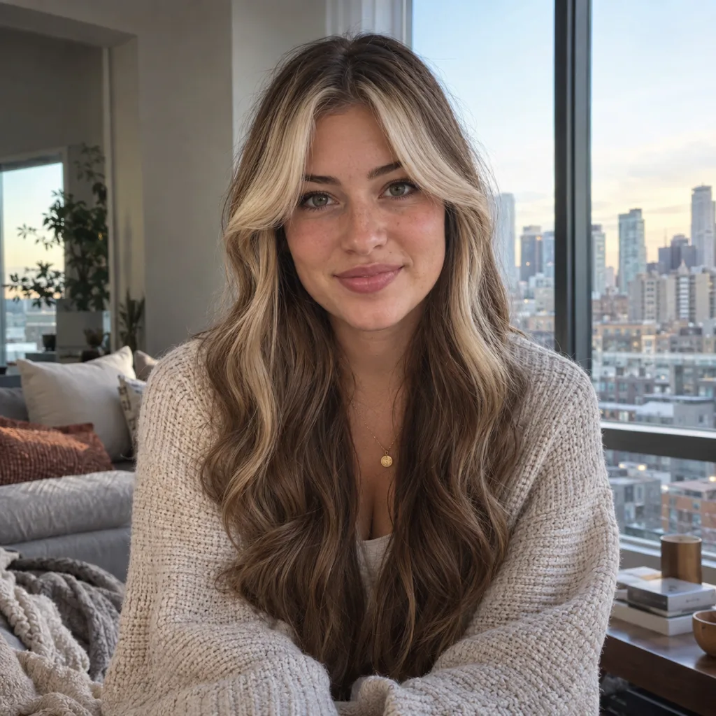 Woman with light brown hair, curtain bangs and beige blonde money piece highlights through the bangs, sitting by a city apartment window