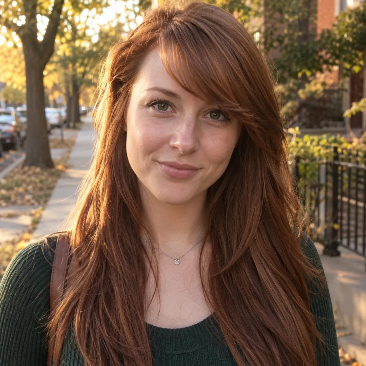 Woman with long auburn hair on a tree-lined street at golden hour, side-swept bangs angled across one eyebrow