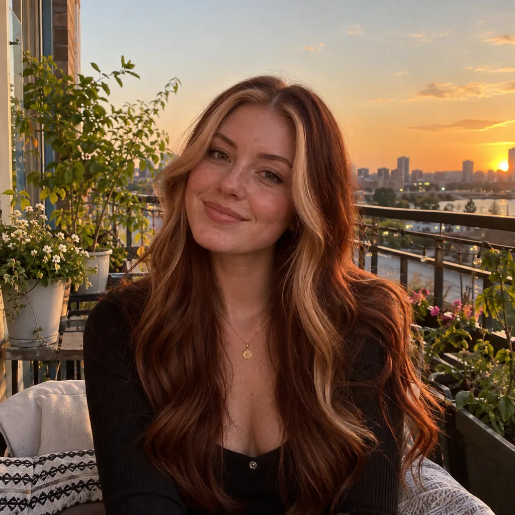 Woman with long auburn red hair and strawberry blonde face-framing highlights on a balcony at sunset