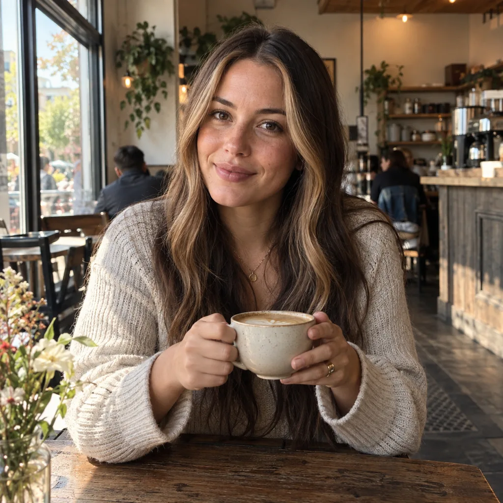 Woman with long brown hair and soft caramel face-framing highlights holding a coffee cup in a cafe