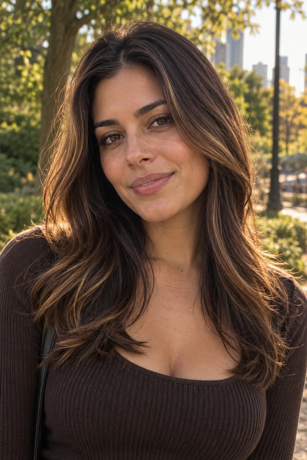 Woman with long chocolate brown hair woven with fine caramel highlights in a city park at golden hour