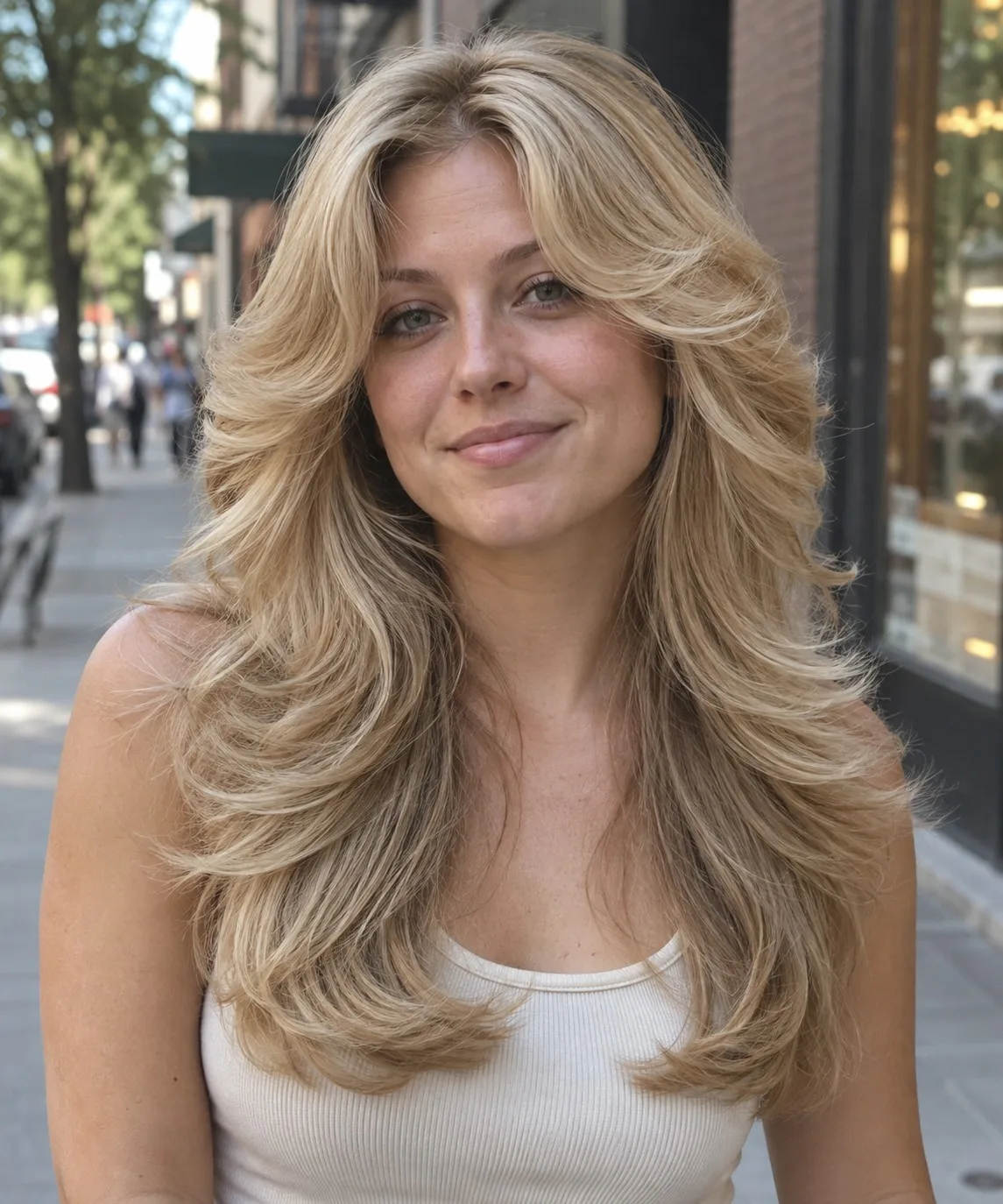 Woman with long honey blonde feathered hair blown back from the face in layered wings, on a city sidewalk