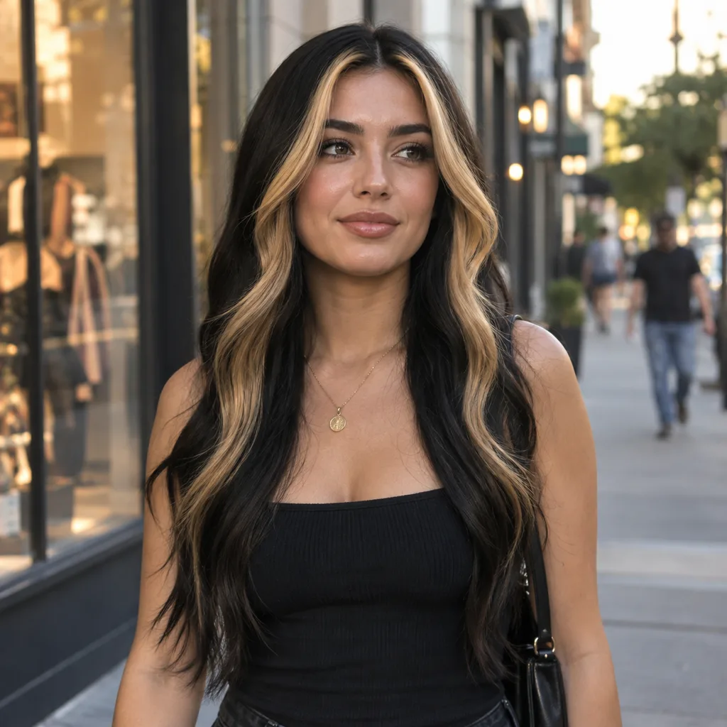 Woman with long jet black hair and two honey blonde face-framing streaks walking on a city sidewalk