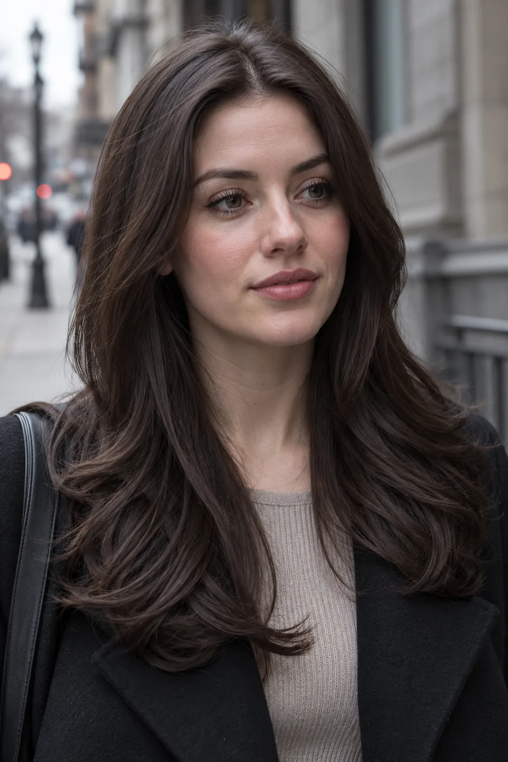 Woman with long layered dark chocolate brown hair on a city sidewalk on an overcast day