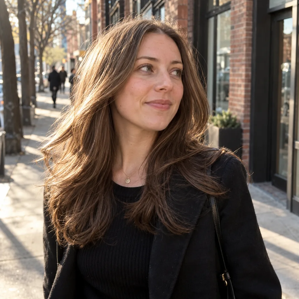 Woman with long light brown hair walking on a city sidewalk past brick storefronts in afternoon sun