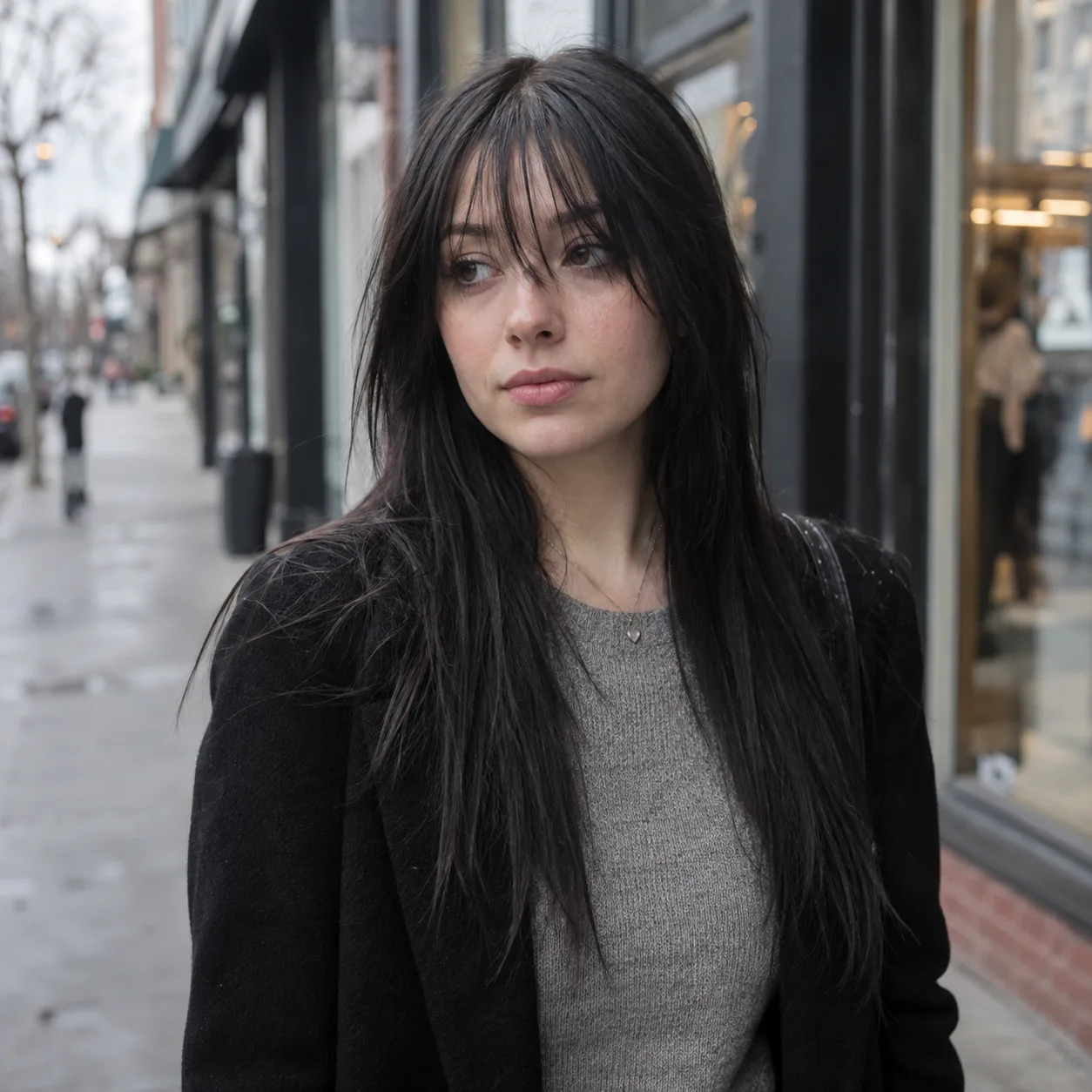 Woman with long straight black hair on a city sidewalk, long wispy bangs reaching her lashes and blending into longer pieces at the cheekbones