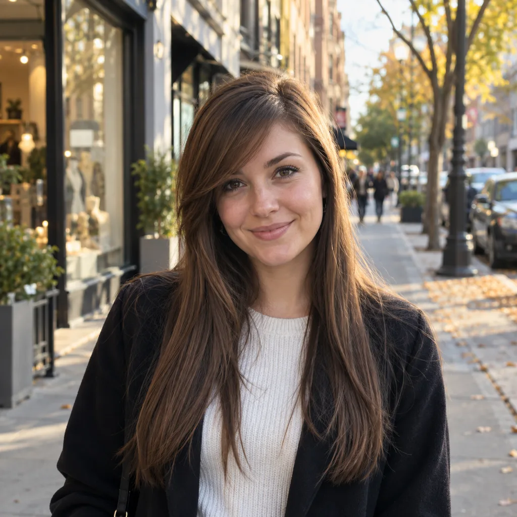 Woman with long straight brown hair and a long side-swept bang falling from a deep side part, on a city sidewalk