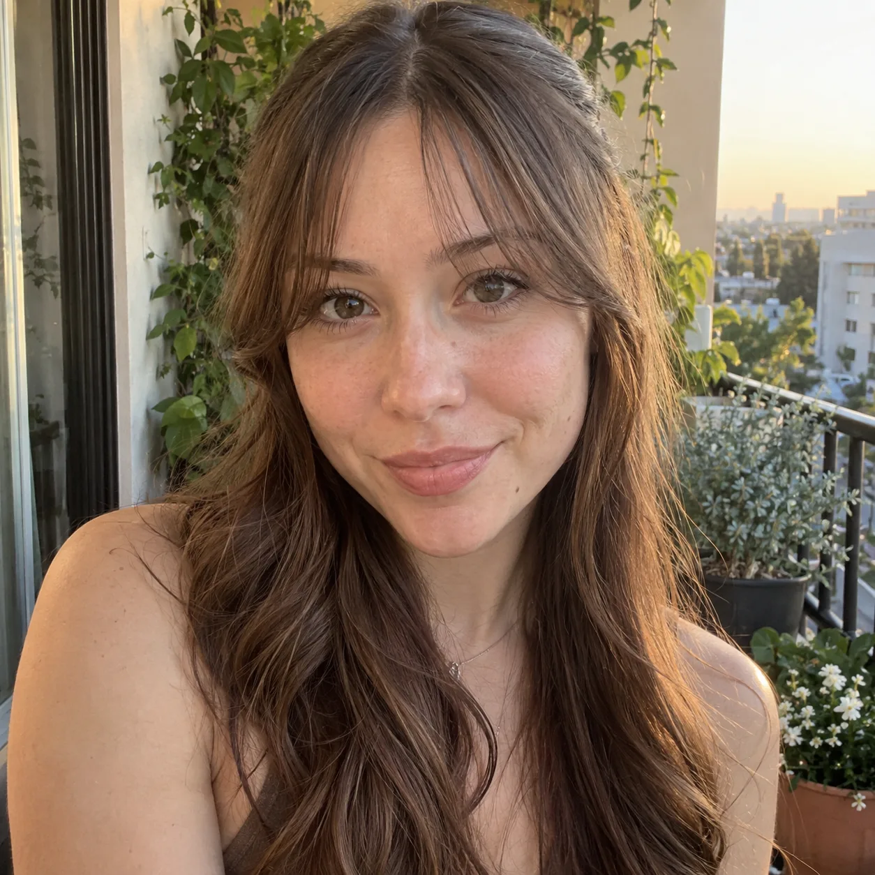 Woman with long wavy chestnut hair on a sunlit balcony, thin wispy curtain bangs parted in the center and sweeping out to her cheekbones